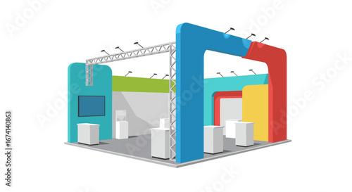 Modern exhibition booth design with colorful panels and display stands