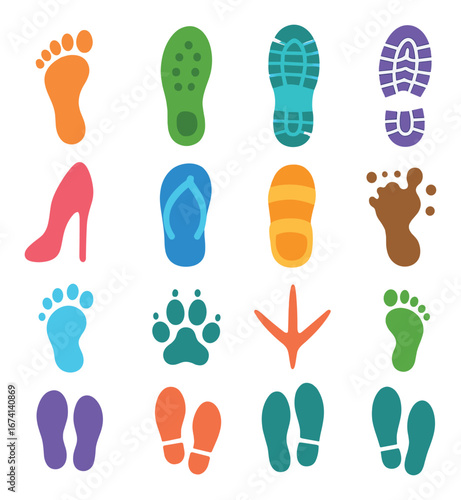 Silhouette footprints icon set featuring human, shoe, paw, sandal, bird, and bare feet symbols