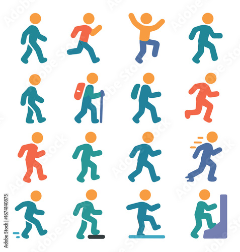 Flat activity icon set featuring hiking, running, jumping, and climbing symbols
