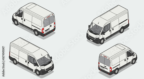 Isometric white cargo vans set on light background for transport projects