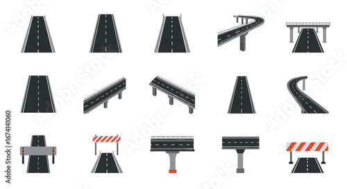 Collection of highway elements and overpass structures in flat design