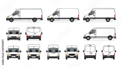 Flat style delivery van fleet illustrations in multiple perspectives