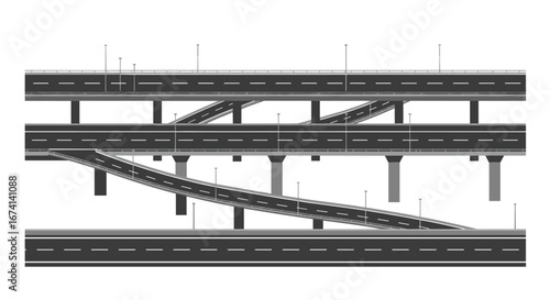 Detailed highway overpass with multiple levels and street lights