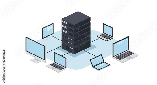 Modern isometric network with server and connected computers