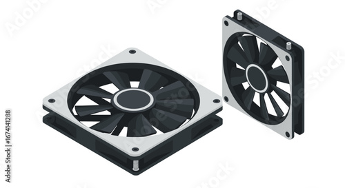 Isometric computer cooling fan components in black and silver design