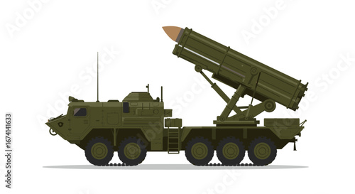 Modern military missile launcher truck in detailed flat design