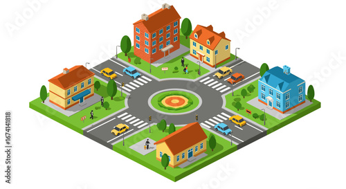 Isometric city intersection with roundabout and buildings