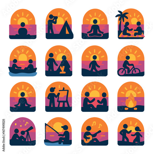 Silhouette sunset activity icon set: yoga, camping, meditation, fishing, cycling, music, stargazing