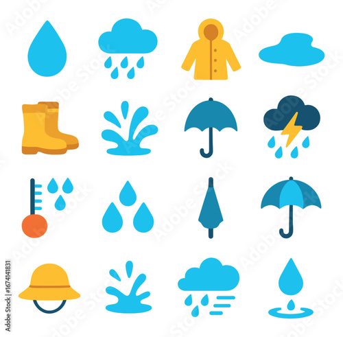 Silhouette weather icons set featuring rain, umbrella, cloud, thermometer, boots, and lightning symbols
