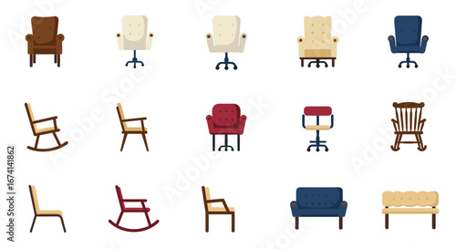Flat style collection of various chairs and sofas in different designs and colors