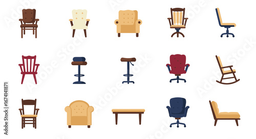 Stylish collection of chairs and stools in flat design on white background
