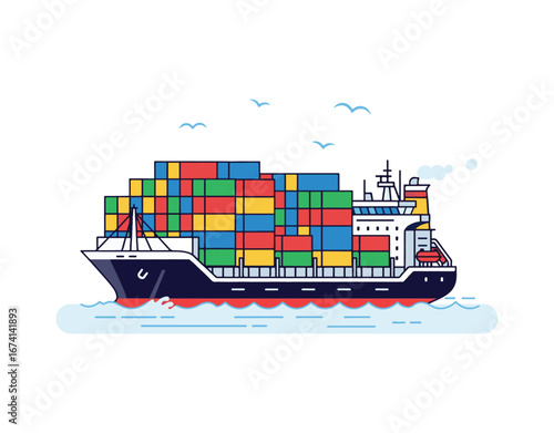 A cargo ship loaded with stacked containers on the water, representing global trade, shipping, and logistics in a flat vector design, set against a white background.
