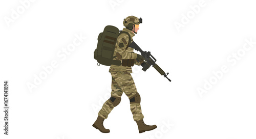 Modern soldier in camouflage gear walking with backpack and rifle