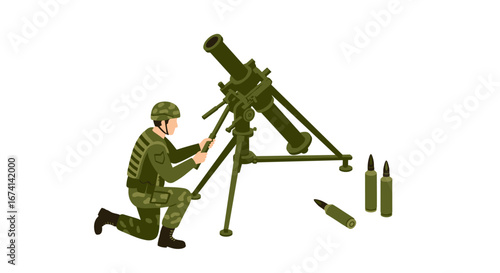 Soldier operating military mortar on a tripod with ammunition in flat style