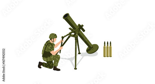 Soldier operating mortar artillery cannon with ammunition isolated on white background