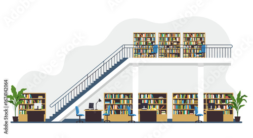 Modern library interior with books and desks in flat design style