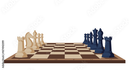 Isometric chessboard with detailed pieces in white and blue