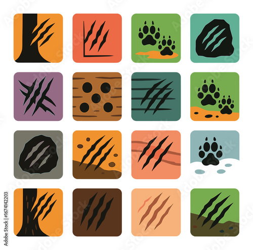 Flat animal tracks icon set featuring claw, paw, scratch, footprint symbols