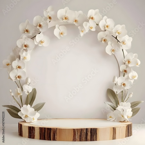 Elegant White Orchid Floral Display Wooden Podium Background