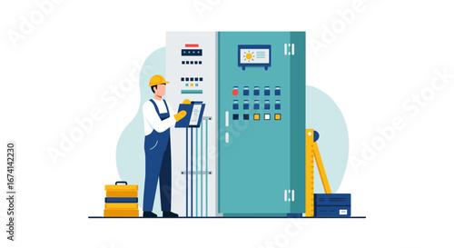 Electrical technician inspecting control panel in modern industrial setting