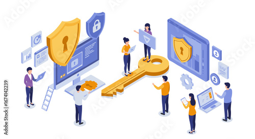 Cybersecurity teamwork in a digital world: isometric business concept