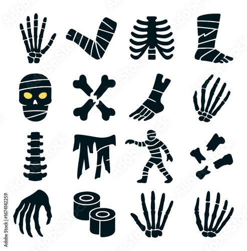 Silhouette halloween icon set featuring skeleton, mummy, bandages, bone, and spine symbols