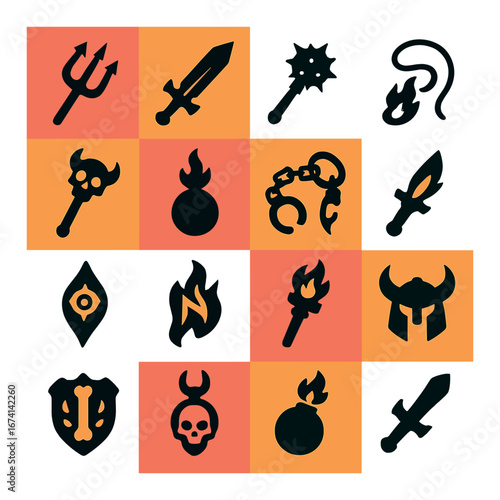 Silhouette medieval icon set featuring trident, sword, mace, whip, helmet, bomb, and torch symbols