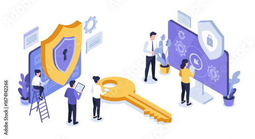 Isometric cybersecurity teamwork with key and shield icons