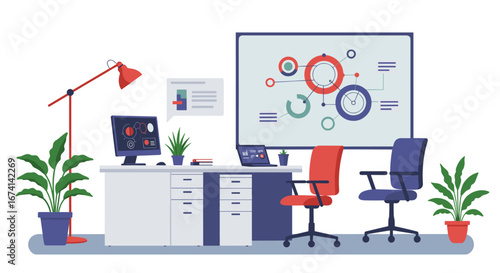 Modern office workspace with charts and diagrams on whiteboard