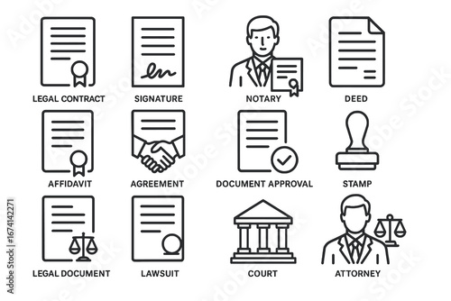 A vector icon set of legal documents and services, featuring contracts, signatures, agreements, lawsuits, attorneys, and court buildings