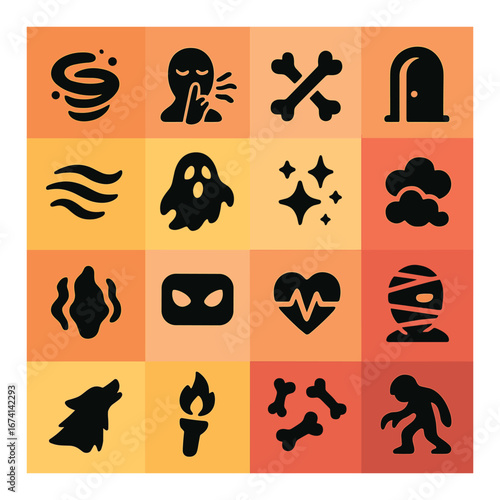 Silhouette halloween icon set featuring ghost, mummy, zombie, wolf, bones, door, torch, stars, cloud, heart