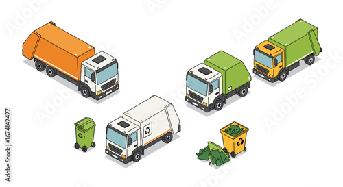 Isometric garbage truck collection with recycling bins and waste bags