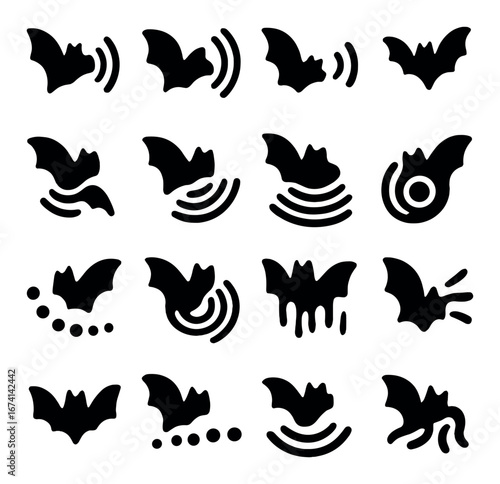Silhouette bat icon set featuring echolocation, flight, night, cave, and mystery symbols