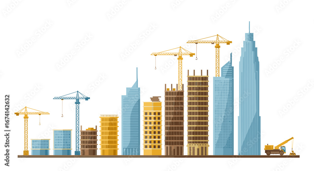Obraz premium Urban skyline construction with cranes and skyscrapers in modern cityscape