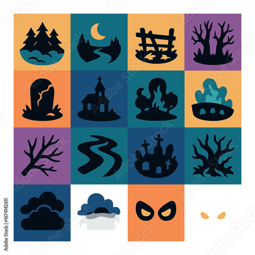 Silhouette halloween icon set with forest, moon, fence, grave, church, fire, bridge, and mask symbols