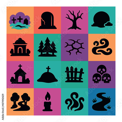 Silhouette halloween icons set featuring cemetery, tombstone, tree, moon, and more