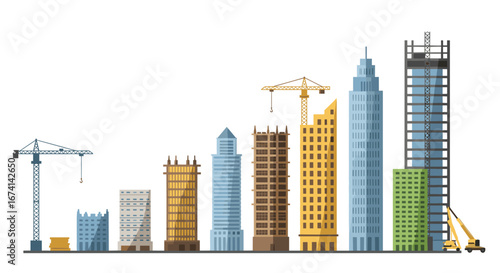 Evolution of urban skyscrapers with construction cranes and machinery