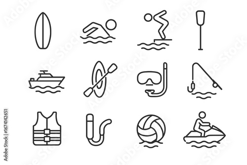 A vector icon set for water sports, featuring surfing, swimming, diving, kayaking, snorkeling, fishing, water polo, and jet skiing