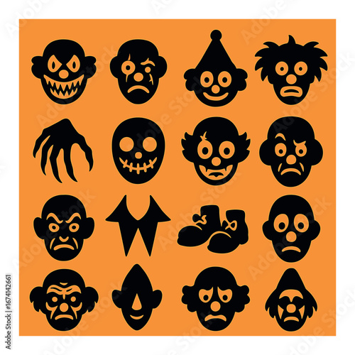 Silhouette halloween icons set featuring clown, mask, witch, zombie, and monster faces