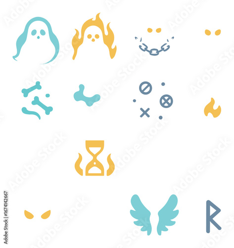 3d ghost icon set featuring chains, flames, bones, hourglass, wings, runes, and more symbols