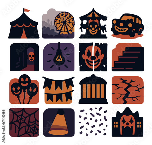 Flat halloween carnival icons set featuring circus, ferris wheel, clowns, balloons, haunted house