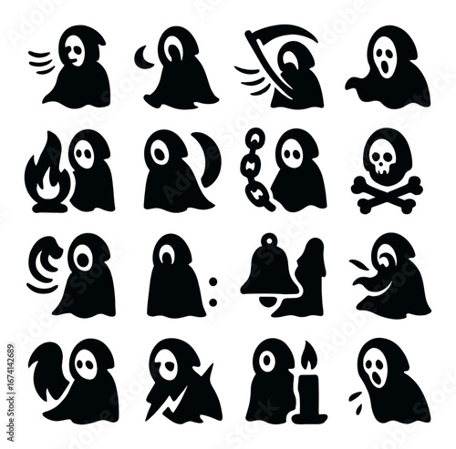 Silhouette halloween icon set featuring grim reaper, ghost, skull, fire, bell, and candle symbols