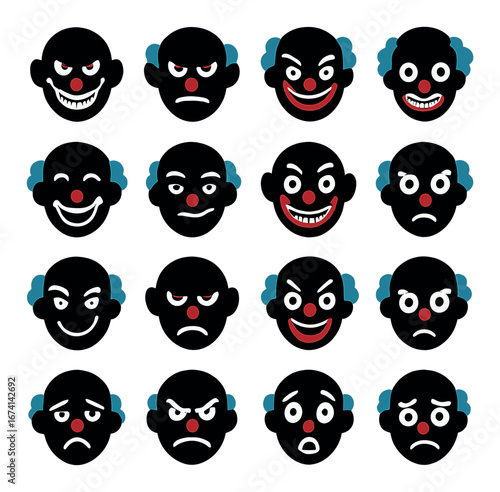 Silhouette clown face set featuring happy, sad, angry, and mischievous expressions