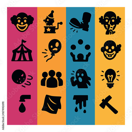 Silhouette circus icon set featuring clown, tent, balloon, juggler, ghost, lightbulb, and hammer symbols