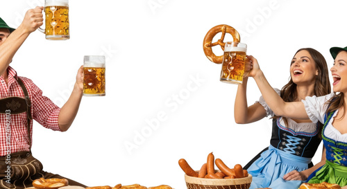 Celebrating oktoberfest with beer, pretzels, and traditional outfits