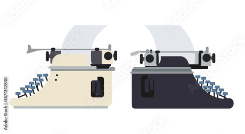 Retro typewriter pair in flat design: vintage writing machines