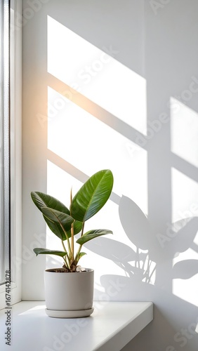 A potted plant sits on a windowsill, bathed in sunlight, casting intricate shadows on a white wall.