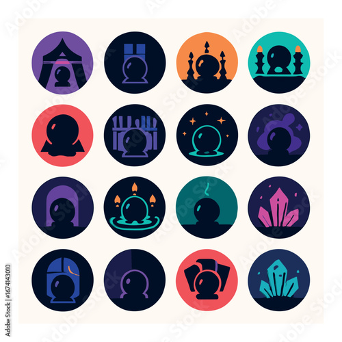 Flat fortune teller icon set featuring crystal ball, tarot cards, tent, candles, and crystal symbols