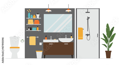Modern bathroom design with shower and vanity in flat style