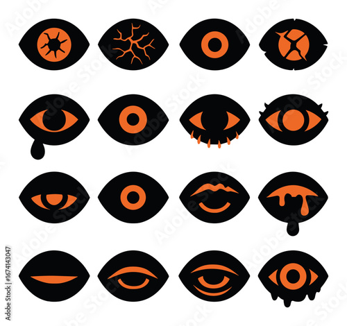 Silhouette horror icon set featuring bloodshot, crying, cracked, hypnotic, and eerie eye symbols